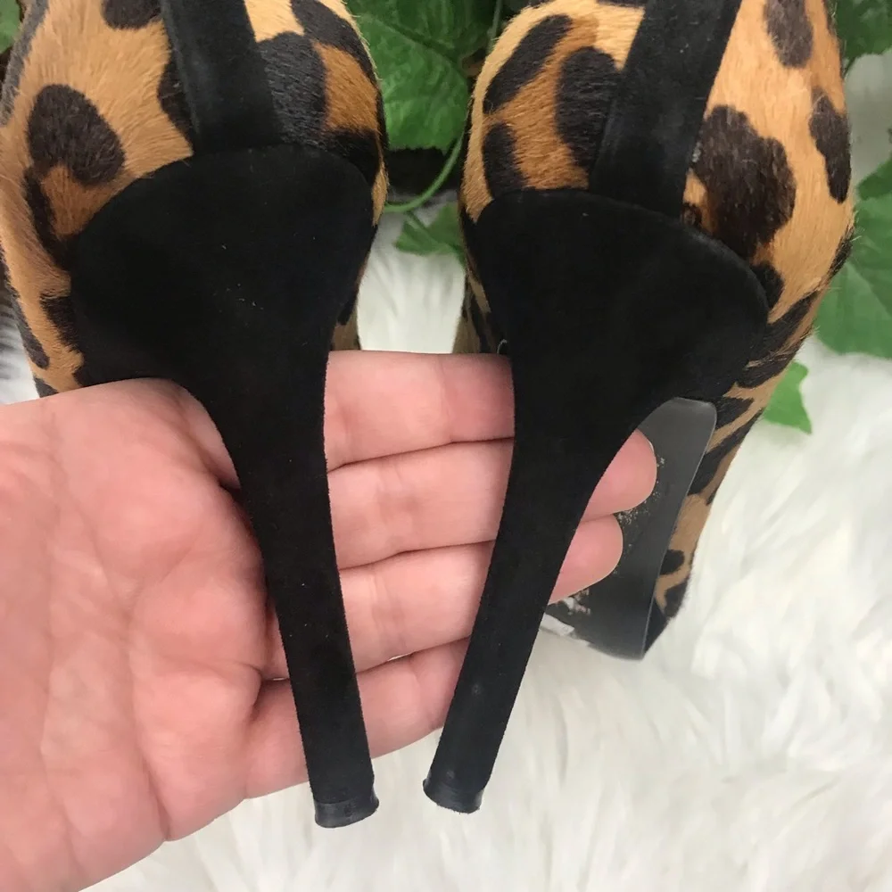Stuart Weitzman Leopard Calf Hair Peep Toe Pumps size 10